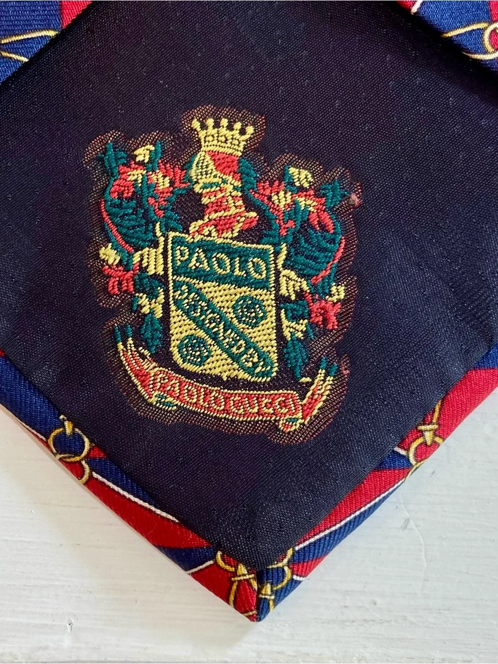 Gucci Vintage Silk Red Blue Diamond Gold Horse bit Tie Made in Italy 100% Silk